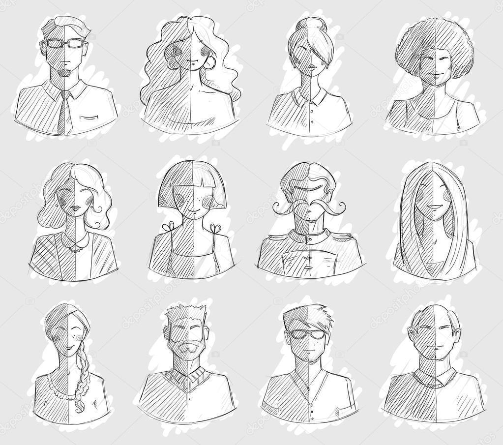 Characters design. Hand drawn icons. Faces sketch. Vector illlustration.