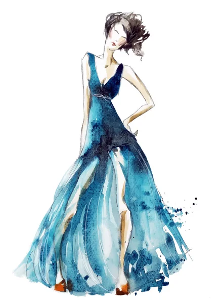 Blauwe jurk fashion illustratie, vector — Stockvector