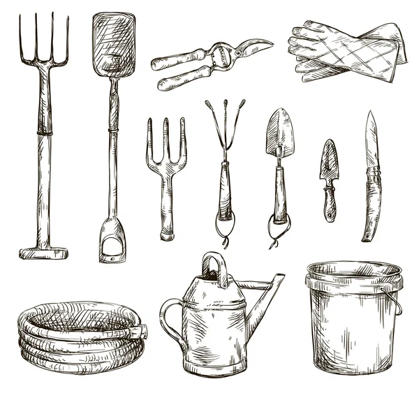 Conjunto de herramientas de jardinería dibujos, ilustraciones vectoriales — Archivo Imágenes Vectoriales