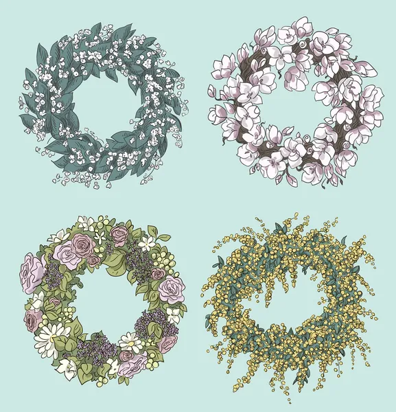 Reihe von stilvollen Kränzen Zeichnungen. Blumenschmuck. Florales Design — Stockvektor
