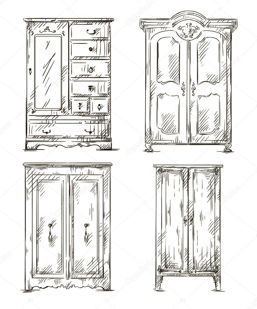 Set of hand drawn wardrobes. Interior elements. Vector illustration.