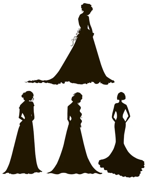 Jeunes femmes en robes longues silhouettes. Mariées. Les grandes lignes. Illustration vectorielle . — Image vectorielle