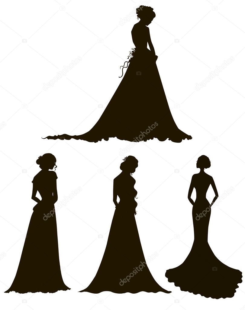 Young women in long dresses silhouettes. Brides. Outline. Vector illustration.