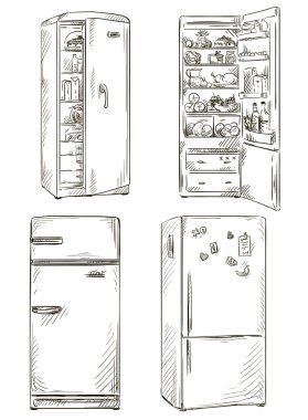 Set of four hand drawn fridges. open fridge with healthy food. Vector illustration. clipart
