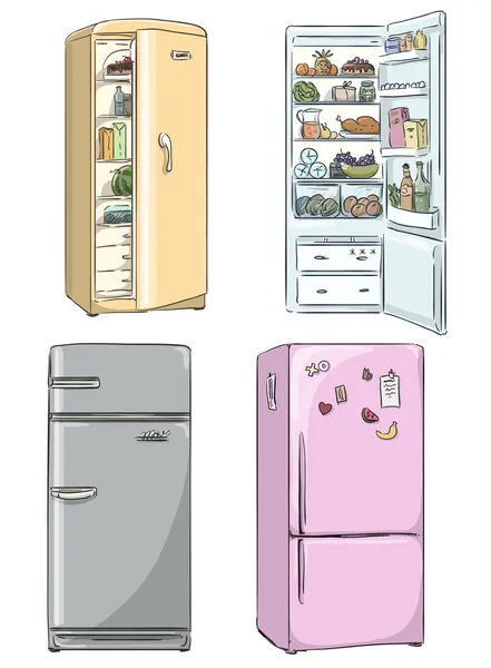 Conjunto de cuatro refrigeradores de dibujos animados dibujados a mano. nevera abierta con alimentos saludables . — Archivo Imágenes Vectoriales