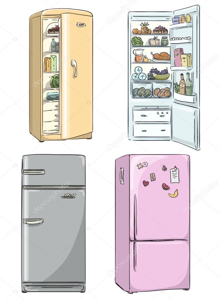 Set of four hand drawn cartoon fridges. open fridge with healthy food.