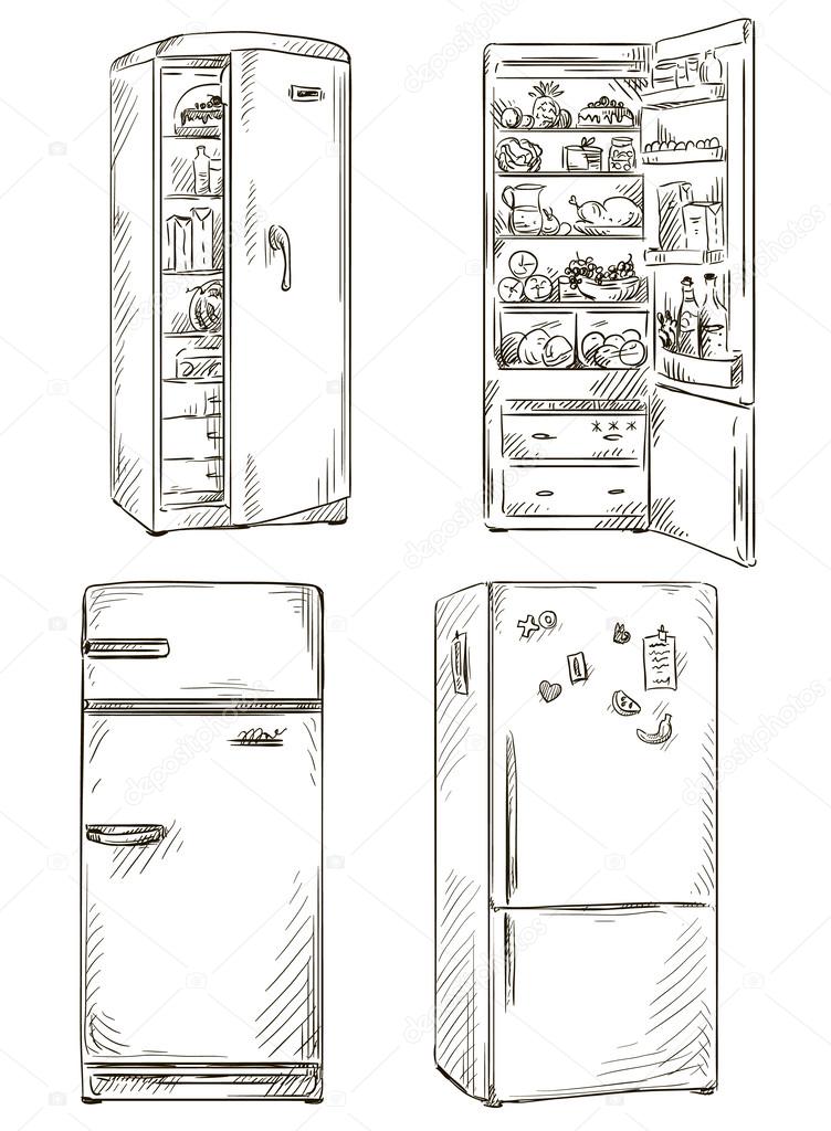 Set of four hand drawn fridges. open fridge with healthy food. Vector illustration.