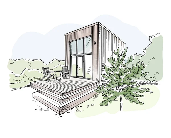 Architecture Vizulalization Sketch Private Modern House Vector — стоковый вектор