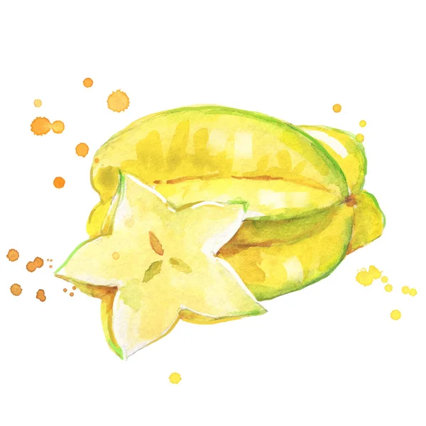 Suculento Maduro Amarelo Carambola Aquarela Ilustração — Vetor de Stock