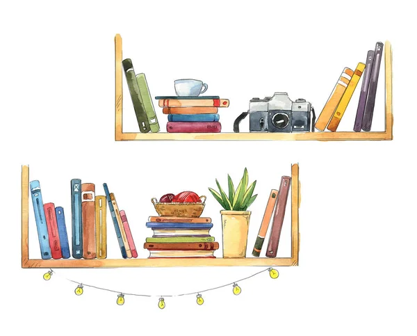 Interior Details Bookshelves Books Different Objects Watercolor — Stock Photo, Image