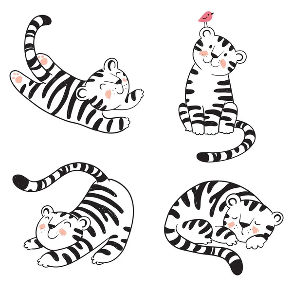 Kis Tigrisek Játék Körül Vektor Vonal Illusztráció — Stock Vector