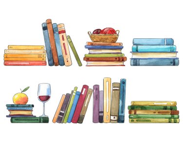 Heaps and piles of books watercolor illustration, vintage book c clipart