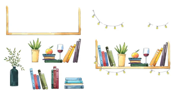 Bücherregal Mit Büchern Blumentöpfen Und Anderen Objekten Innenausstattung — Stockfoto