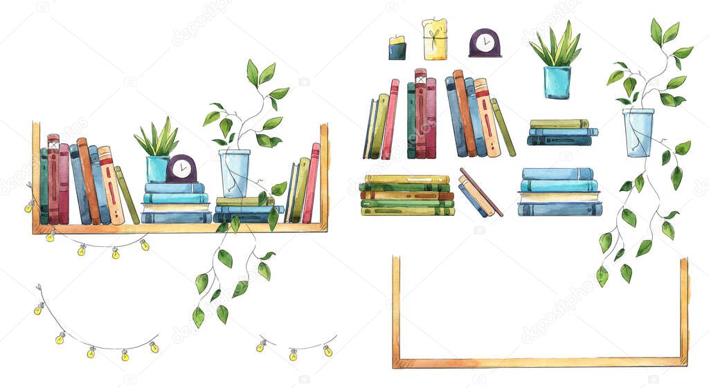 Bookshelf with books, flowerpots and other objects watercolor 