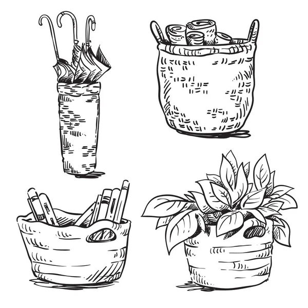 Set Handwoven Interior Baskets Vector Line Drawing — 스톡 벡터
