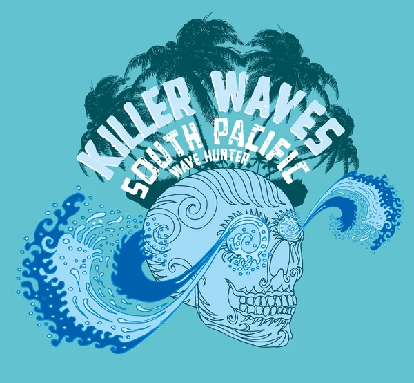 Tribal tattoo skull and wave vector art — Stock Vector