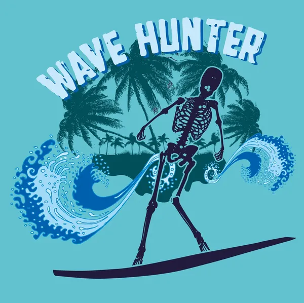 Palm beach skeleton surfer vector art — Stock Vector