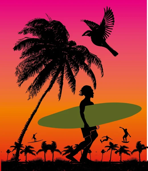 Palm strand surfer vector kunst — Stockvector