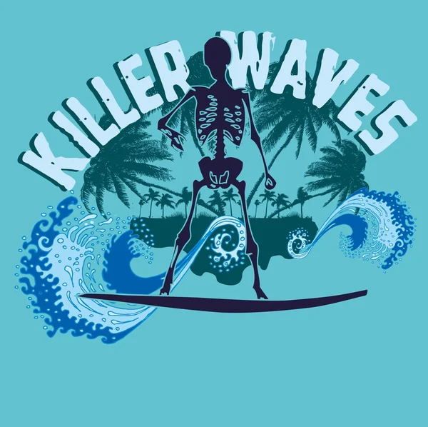 Palmera playa esqueleto surfista vector arte — Vector de stock