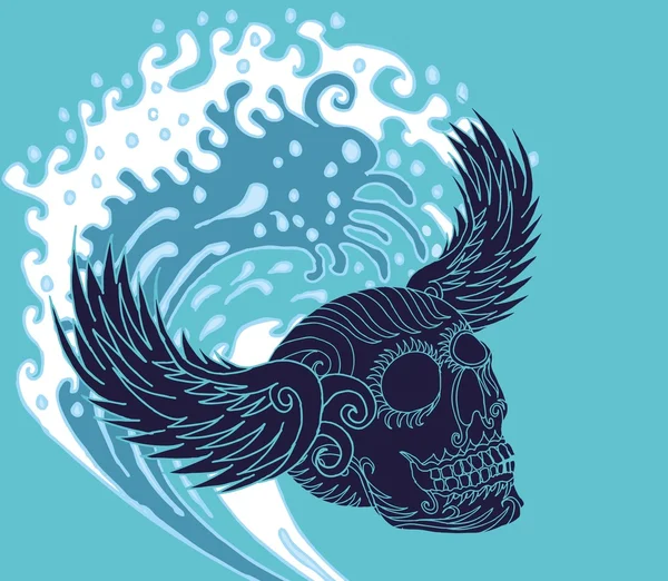 Grande vague tatouage crâne et ailes vecteur art — Image vectorielle