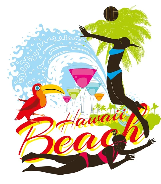 Hawaii beachvolley and palm beach vector art — Stock Vector