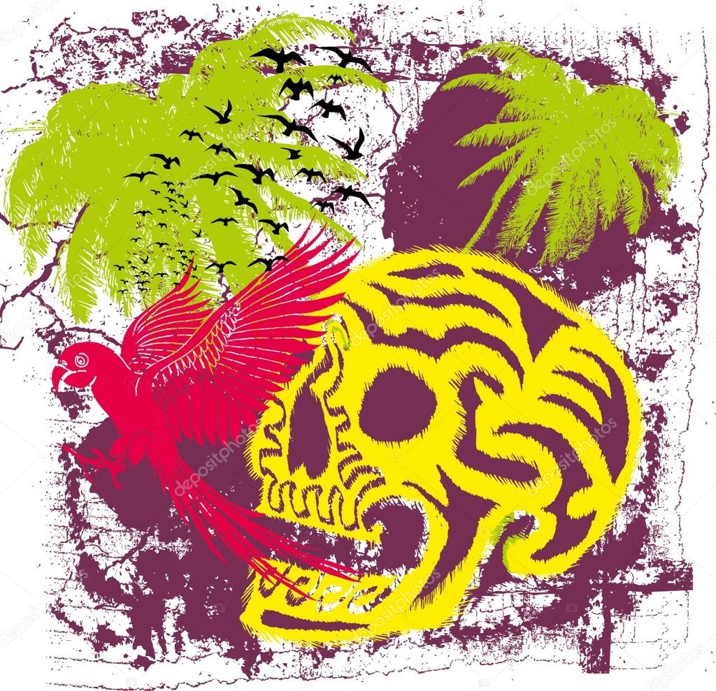 skull and parrot birds vector art