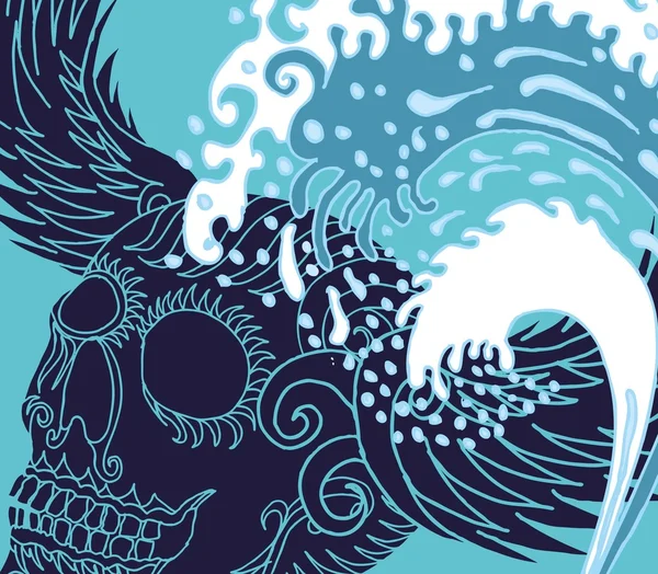 Big wave tattoo skull vector art — Stock Vector