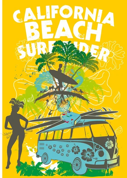 Palmera playa surfista niñas vector de arte — Archivo Imágenes Vectoriales