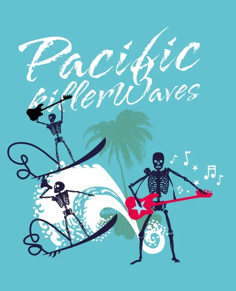 South pacific rock music skeleton surfer vector art — Stock Vector