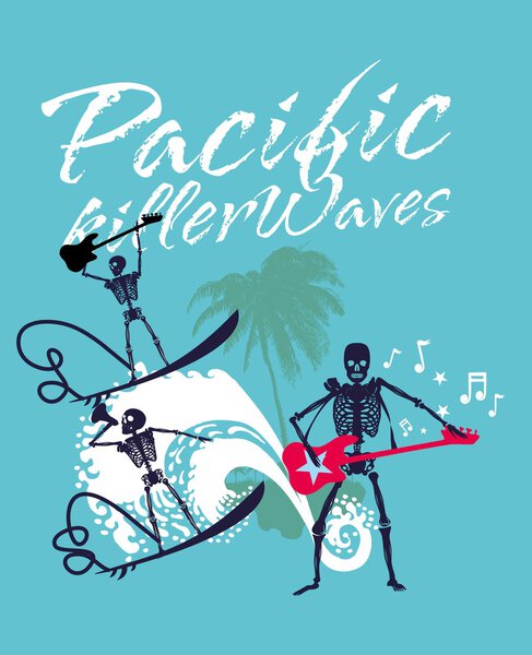South pacific rock music skeleton surfer vector art