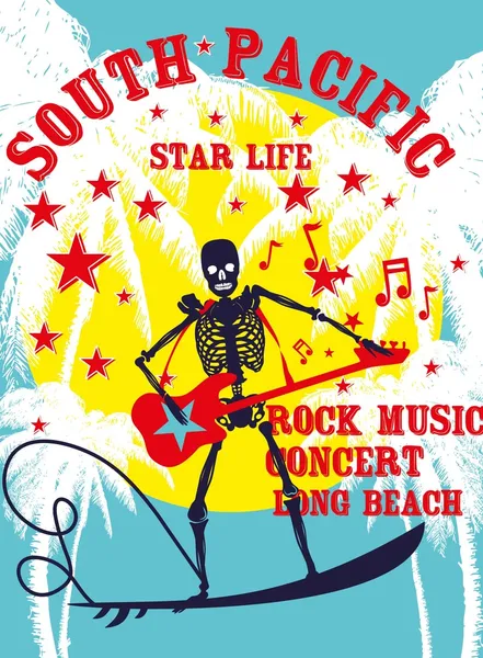 South pacific rock music skeleton surfer vector art — Stock Vector