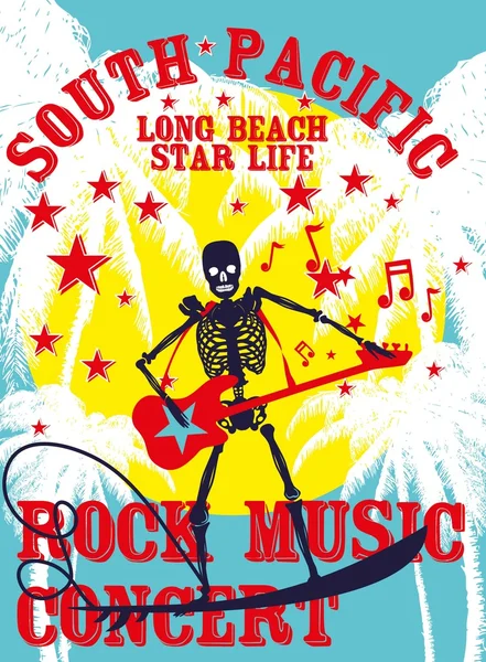 Sud pacifique rock musique squelette surfeur vecteur art — Image vectorielle