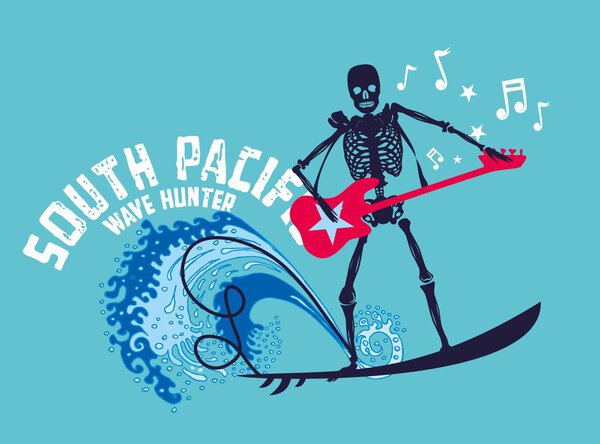 South pacific rock music skeleton surfer vector art