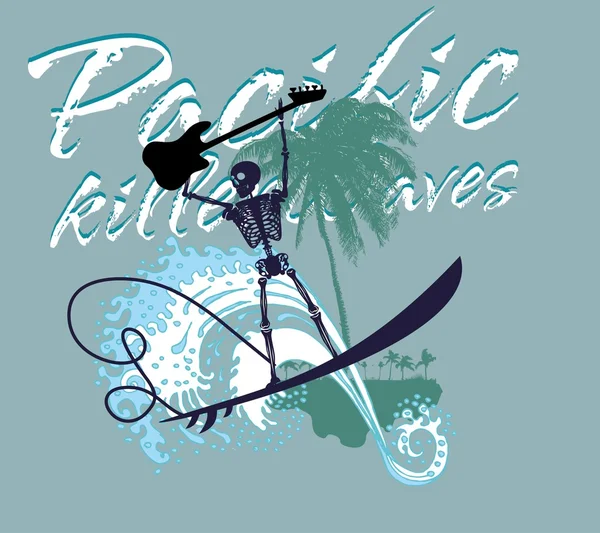 Sud pacifique rock musique squelette surfeur vecteur art — Image vectorielle