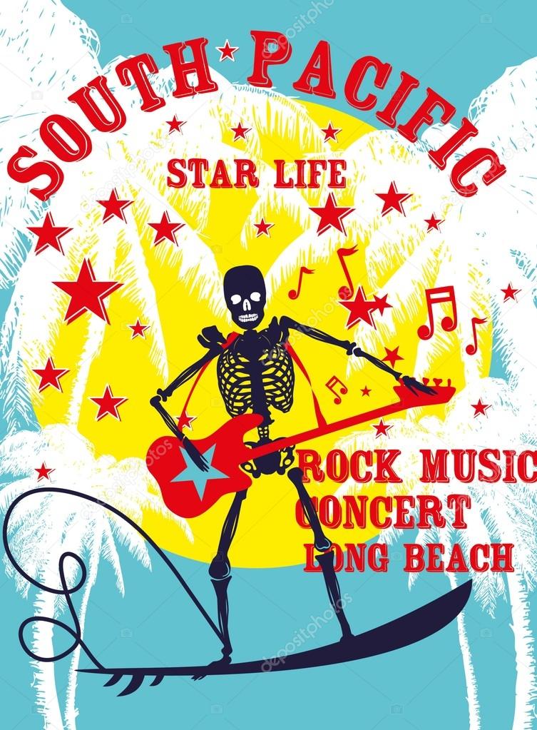 South pacific rock music skeleton surfer vector art