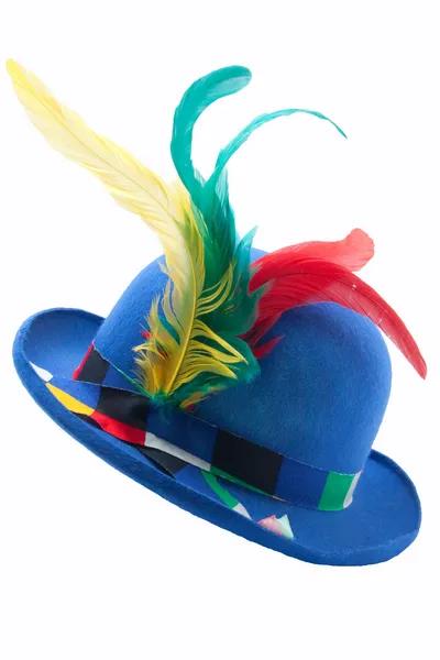 Bowler de carnaval azul con plumas de colores — Foto de Stock