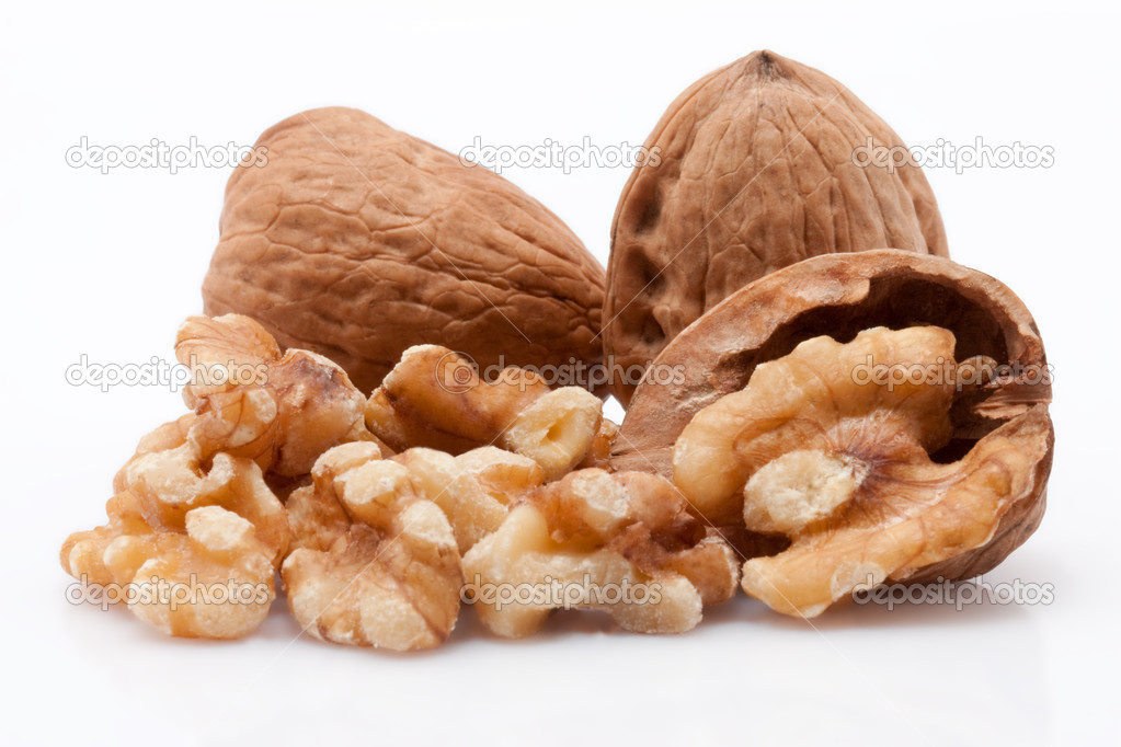 Open walnuts isolated on white background