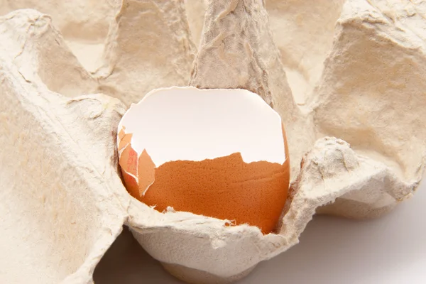 Открыть пустую оболочку яйца в транспортной коробке, изолированной на белом фоне — стоковое фото