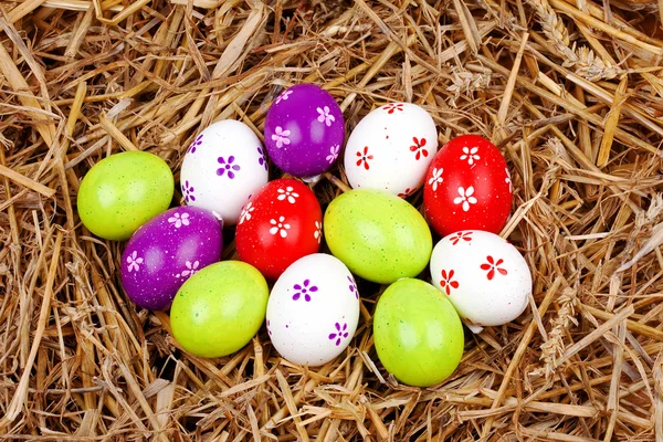 Barevné malovaná velikonoční vajíčka ukrytá v hnízdě ze slámy — Stock fotografie