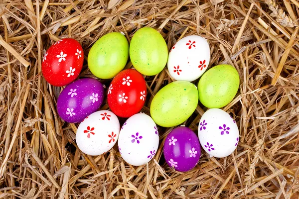 Colorful painted easter eggs hidden in a nest of straw — Stock Photo, Image