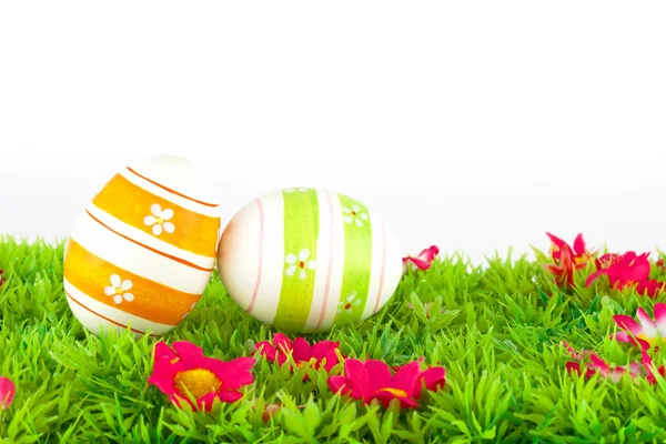 Colorful painted easter eggs located on a meadow with flowers — Stock Photo, Image