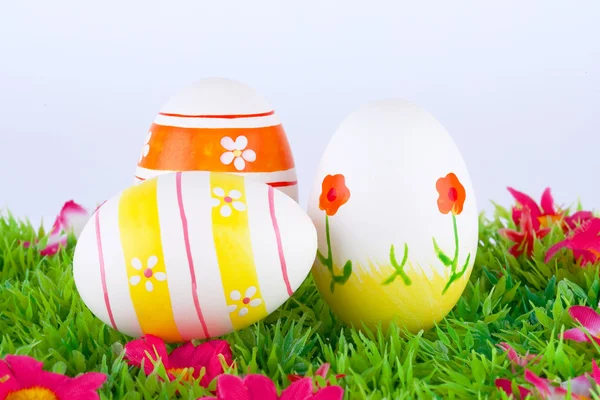 Oeufs de Pâques peints colorés situés sur une prairie avec des fleurs — Photo