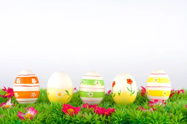 Colorful painted easter eggs located on a meadow with flowers — Stock Photo, Image