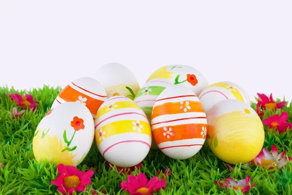 Colorful painted easter eggs located on a meadow with flowers — Stock Photo, Image