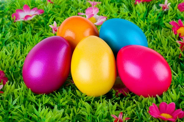 Barevné malování velikonočních vajíček, nachází se na louce s květinami — Stock fotografie