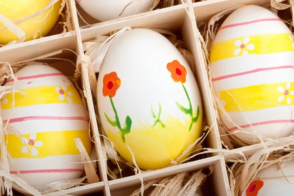 Oeufs de Pâques peints colorés dans une boîte en bois — Photo