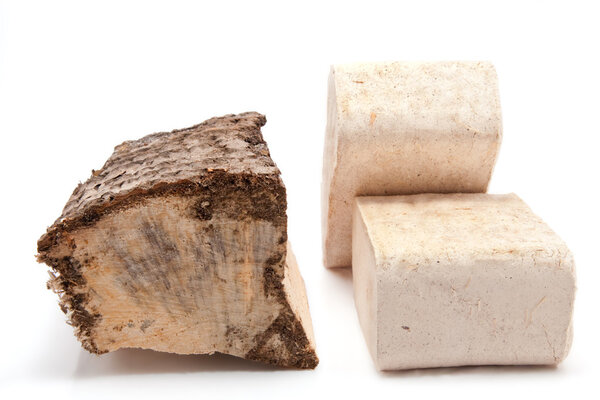 Piece of firewood and a wooden briquette isolated on white background
