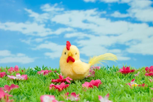 Coniglietto di Pasqua fatto di cioccolato con uovo di Pasqua su un prato verde con fiori davanti a un cielo blu — Foto Stock