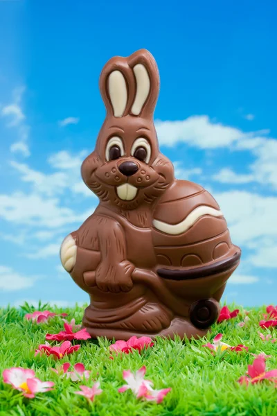 Coniglietto di Pasqua fatto di cioccolato con uovo di Pasqua su un prato verde con fiori davanti a un cielo blu — Foto Stock