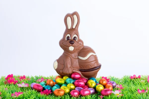 Paskalya tavşanı çikolata Paskalya yumurta yeşil çayır çiçekler önünde mavi gökyüzü ile yapılan